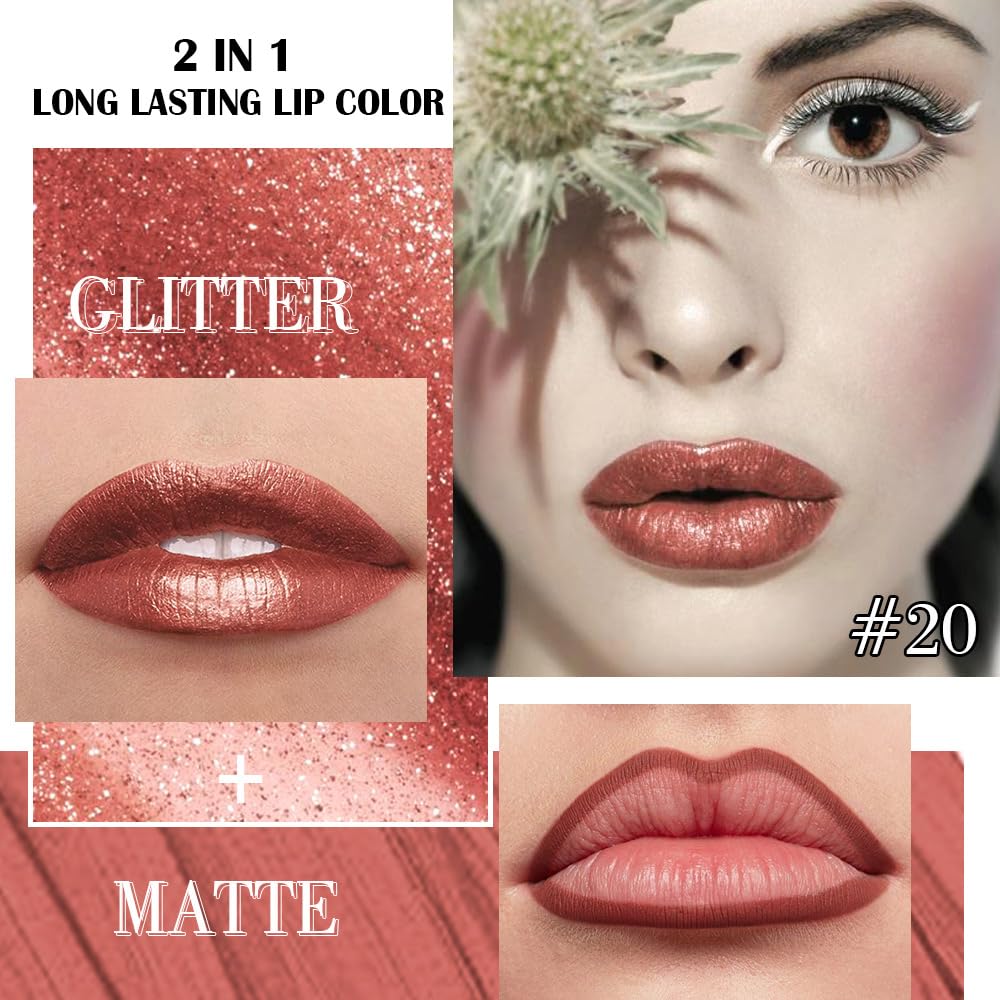 evpct Copper Metallic Glitter Lip Liner and Lipstick Combo Lip Gloss Stain Set Makeup for Women