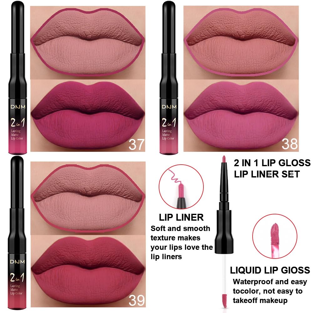 evpct 3Pcs Rose red plum Warm pink Deep cranberry Lip Stain Matte Lip Liner and Lipstick Set Long