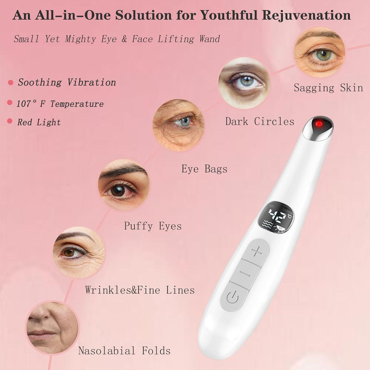 Eye Lift Wand, 3 in 1 Vibrating Red Light 98°F to 113°F LCD Display Eye Massager for Dry Eyes, Dark