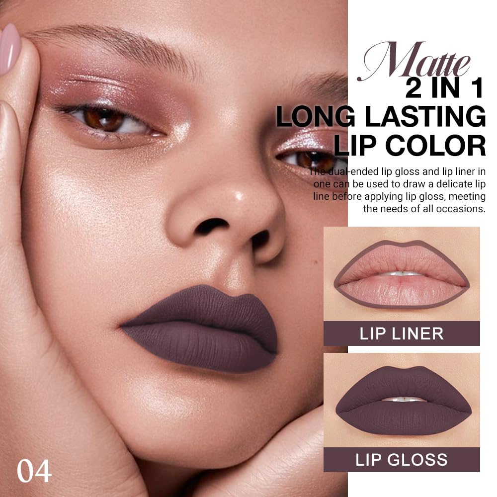 evpct 1Pcs Dark Deep Brown Chocolate Matte Lip Liner and Liquid Lipstick Stain Makeup Set for