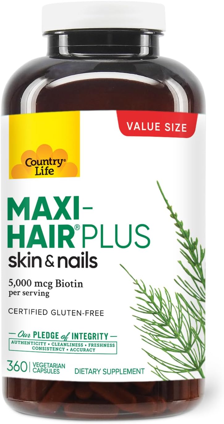 Country Life Maxi-Hair Plus 5000 mcg Biotin, 360 Capsules, Certified Gluten Free, Certified