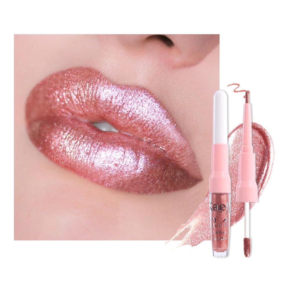 Rose Gold Metallic Lip Liner and Lipstick Combo Lip Gloss Tints Stain Set Makeup for Women Long