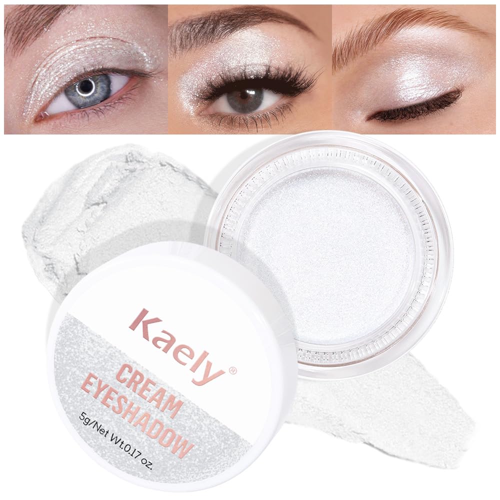 Kaely Single Cream Eyeshadow Pot, Pearl White Sparkle Eye Shadow for Older Women High Pigmented