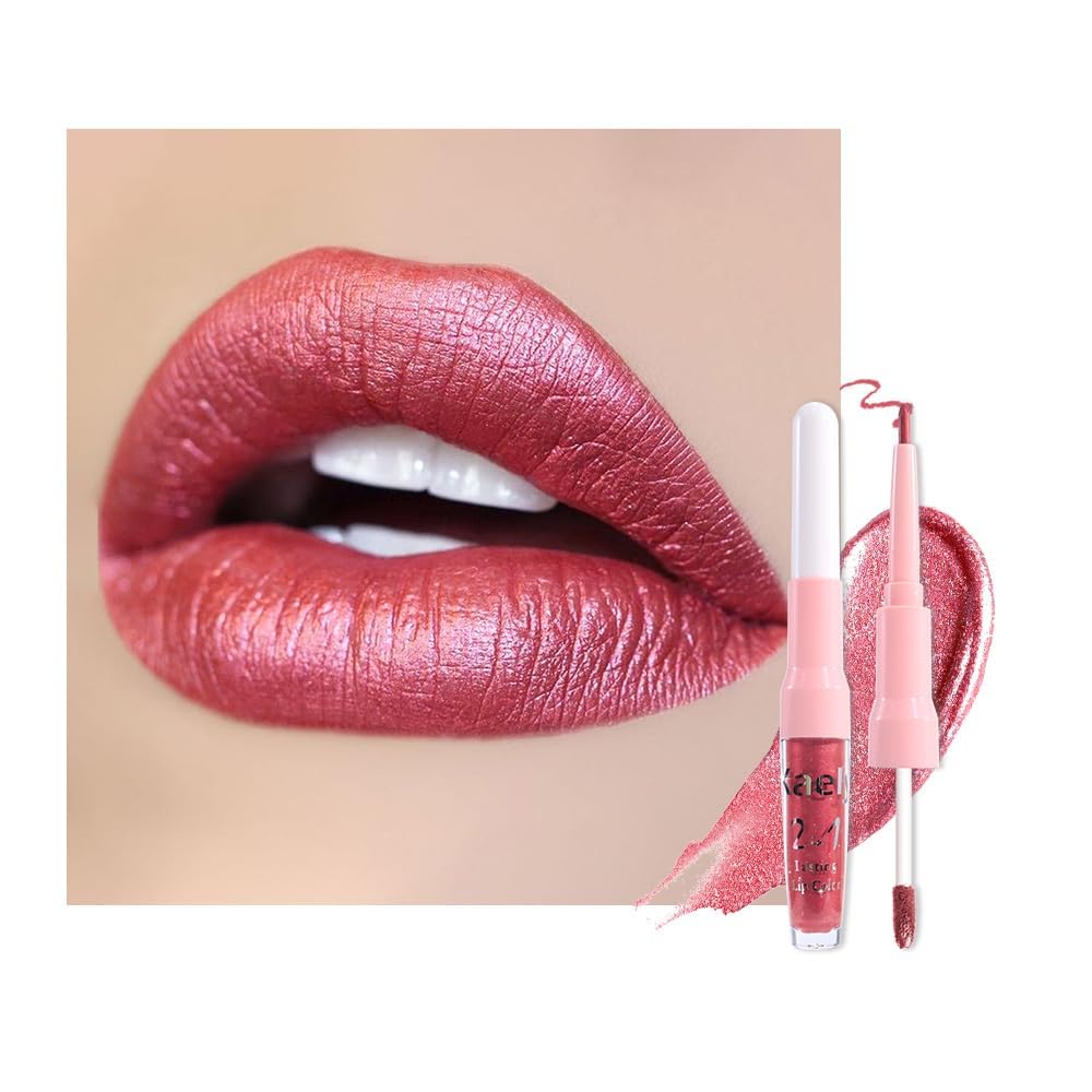 evpct Mauve Red Metallic Glitter Lip Liner and Lipstick Combo Lip Gloss Stain Set Makeup for Women