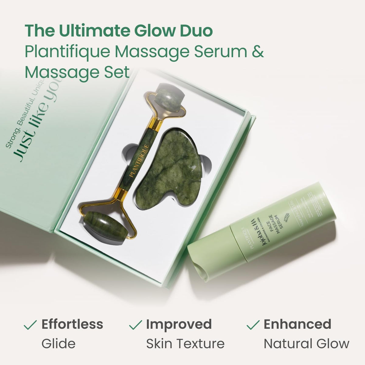 PLANTIFIQUE Jade Roller & Gua Sha Set – Real Jade Facial Tools for Skin Care Routine – Certified
