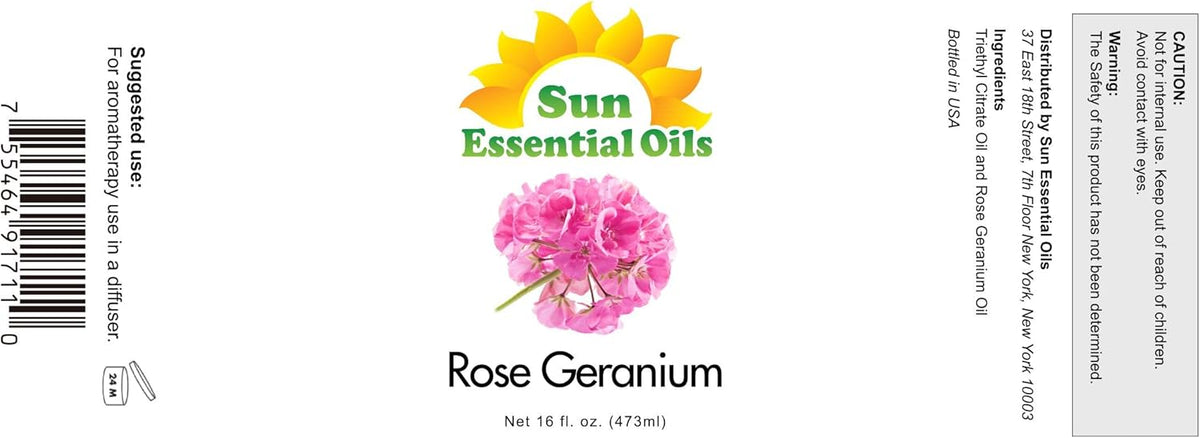 Sun Essential Oils - Rose Geranium Essential Oil 16oz for Aromatherapy, Diffuser, Calming, Skin Care