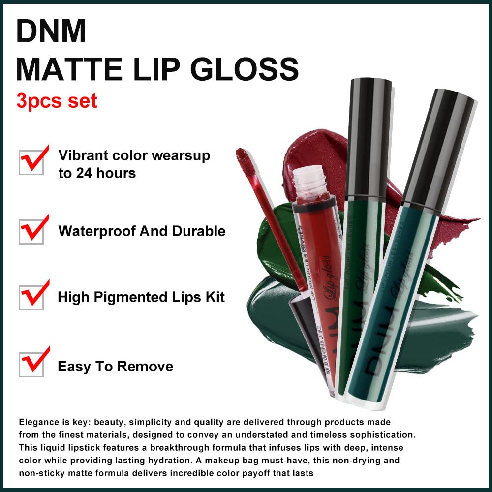 evpct 3Pcs Dark Color Colored Red Emerald Green Matte Liquid Lipstick Make up Set 24 Hour Long