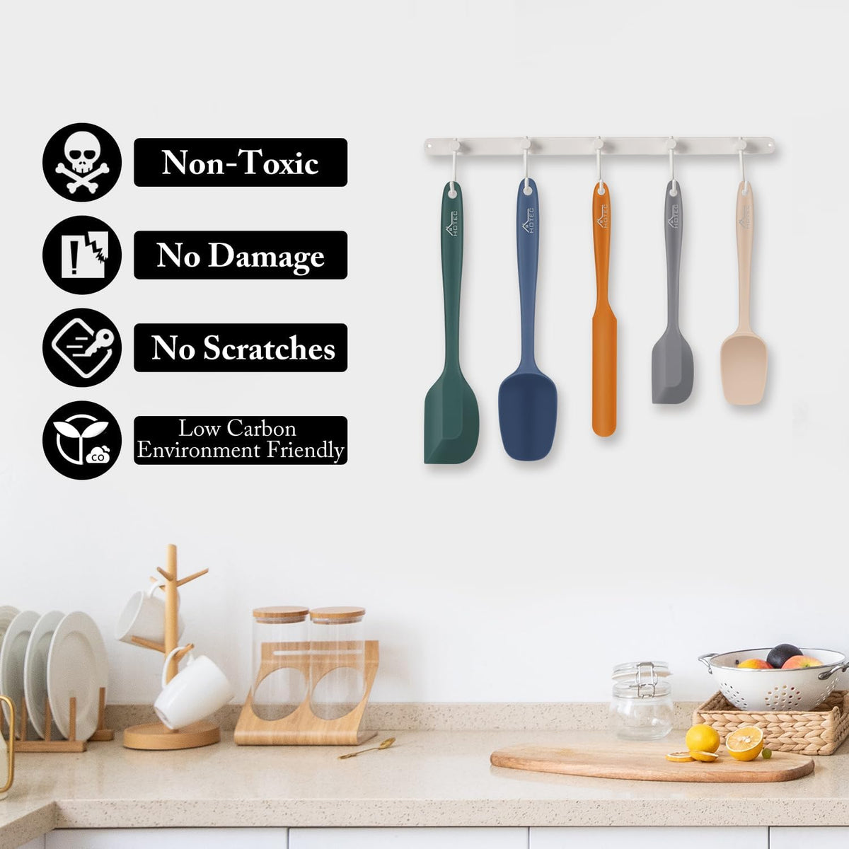 HOTEC Heat Resistant 600℉ BPA-Free Silicone Rubber Spatula Set for Baking, Cooking, and Mixing Non