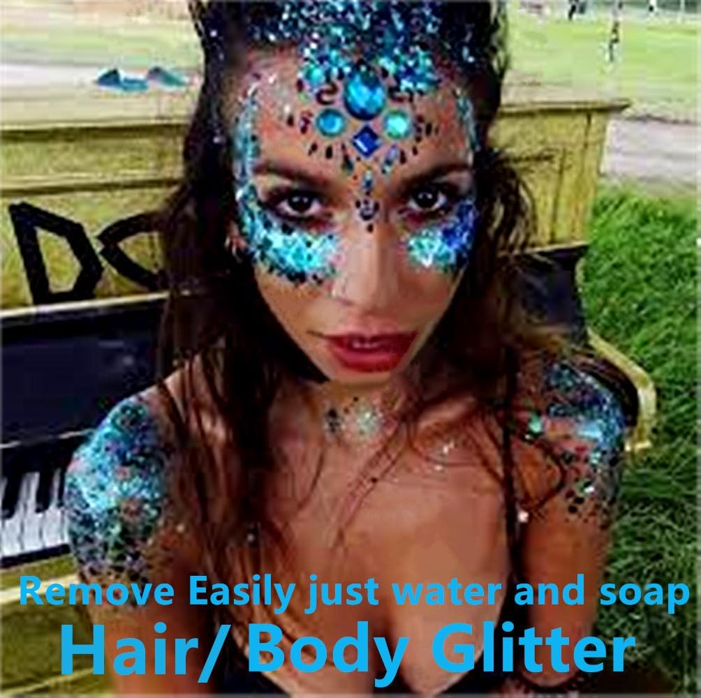 Go Ho Light Blue Face Body Glitter Gel,Blue Mermaid Face Paint Makeup,Holographic Chunky Sequins