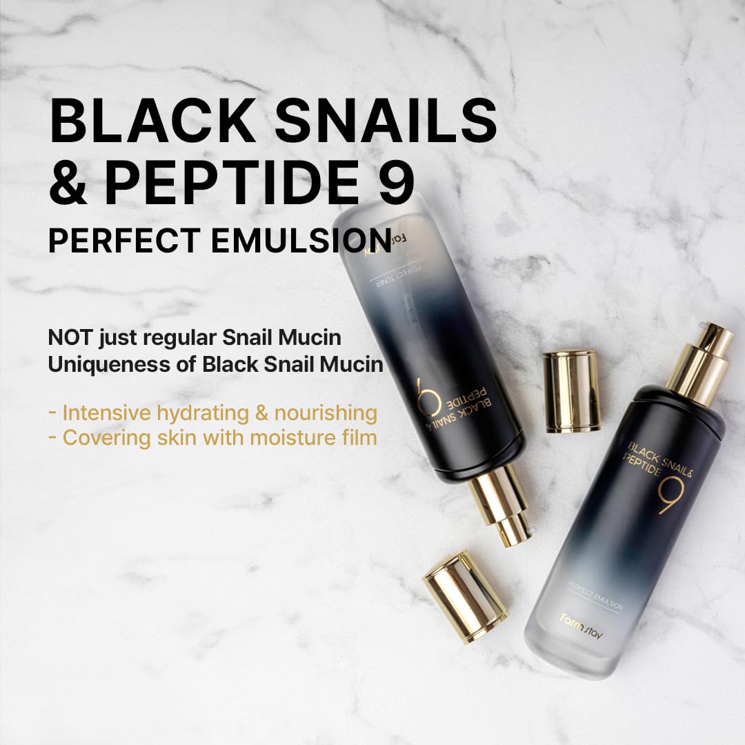 FARMSTAY Black Snail & Peptide 9 Perfect Emulsion, Snail Mucin Moisturizer for Elastic & Glow