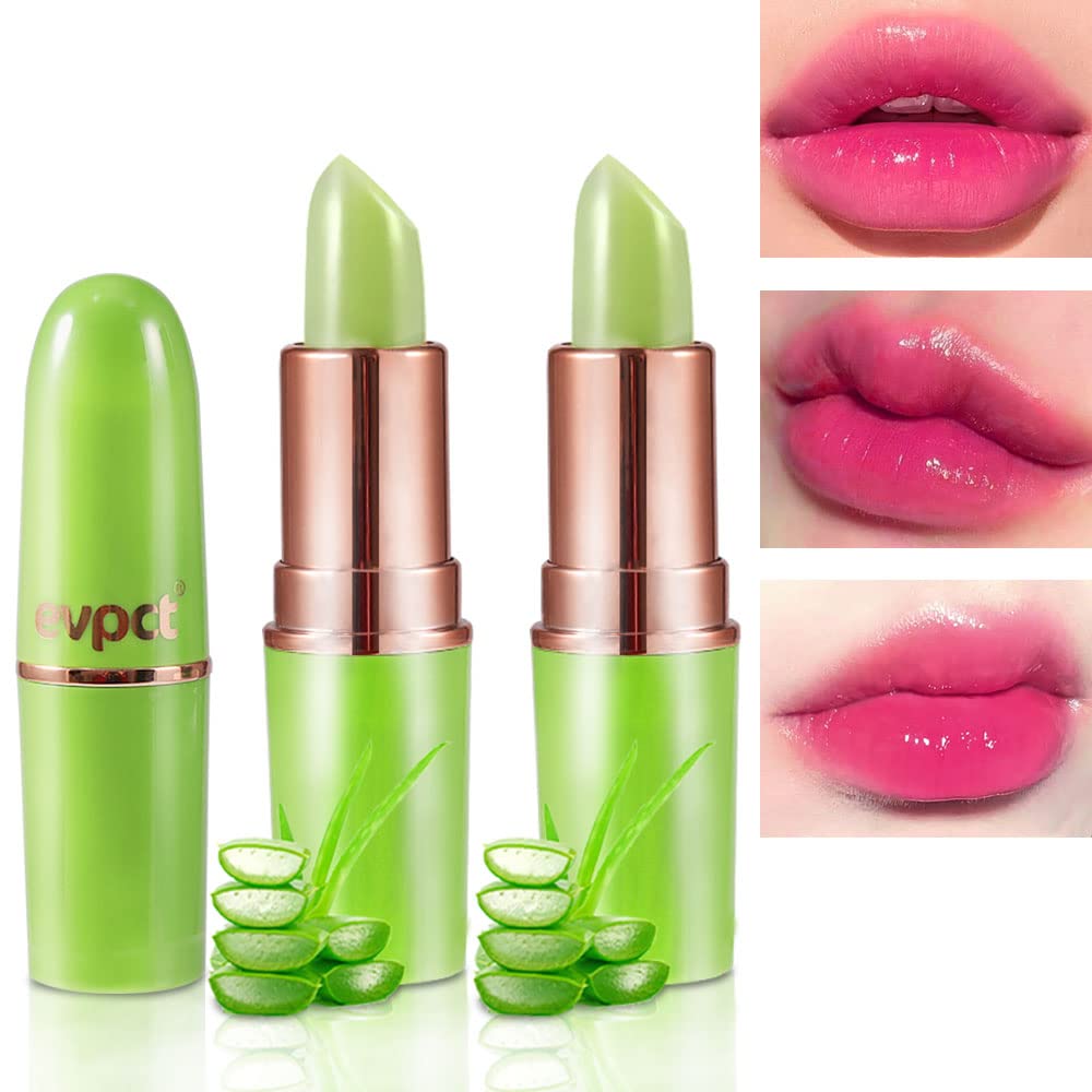 2Pcs Aloe Vera Lip Color Changing Lipstick Lip Balm Set, Green Magic PH Lipstick Color Change