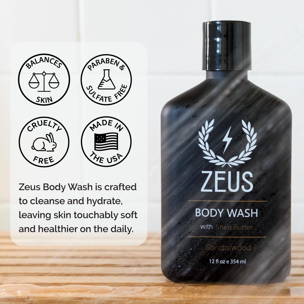 ZEUS Men's Natural Body Wash, Hydrating Shower Gel with Sandalwood Oil, Aloe Vera, Shea Butter &