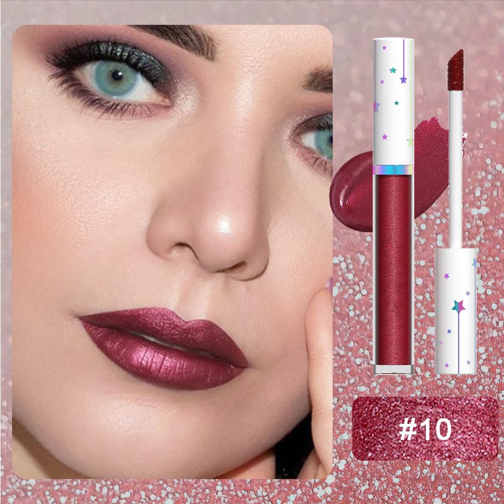 evpct 1Pcs Dark Red Metallic Shimmer Glitter Lip Gloss Liquid Lipstick Long Lasting Waterproof 24