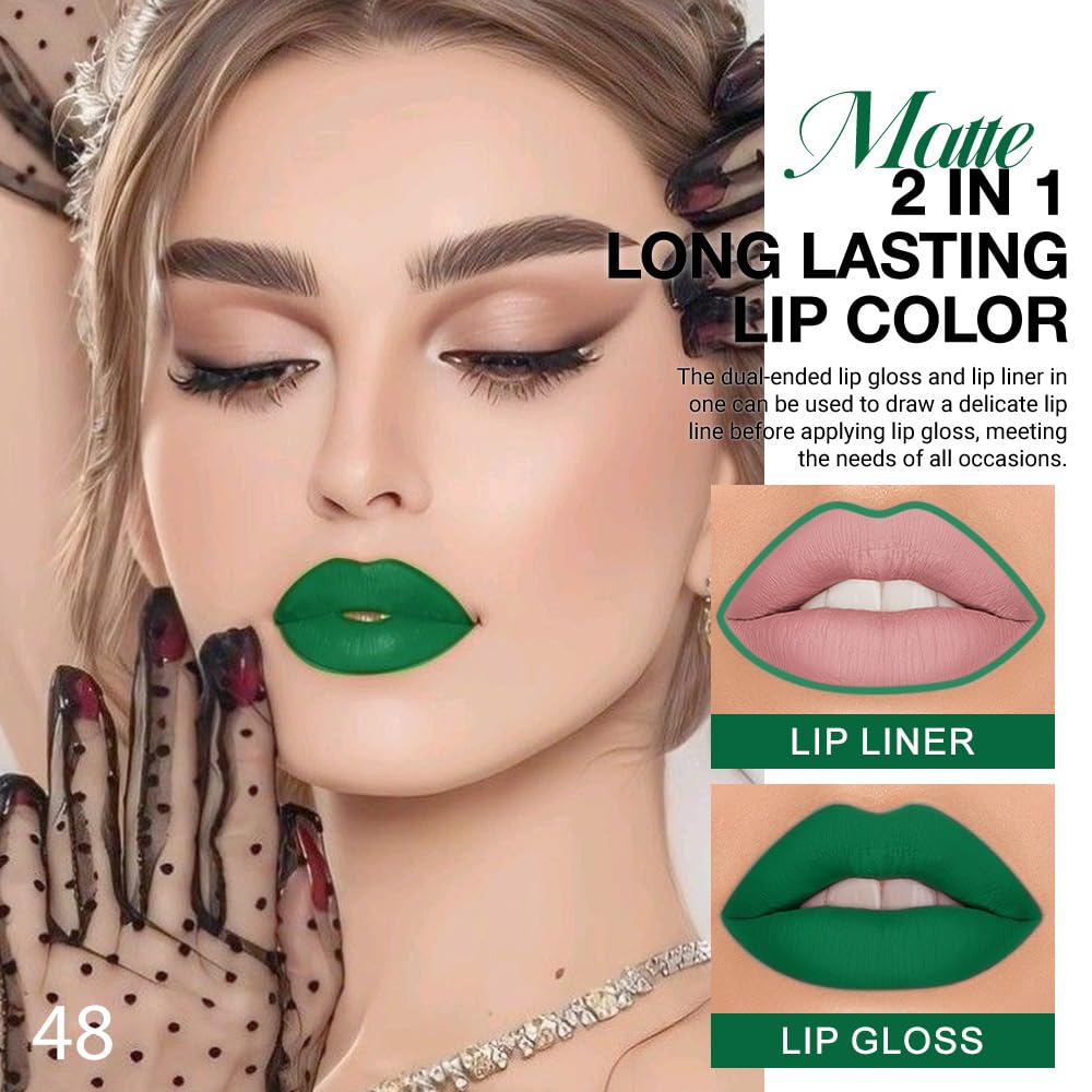 evpct 1Pcs Forest Green Matte Lip Liner & Liquid Lipstick Stain Makeup Set for Women, Green Lip
