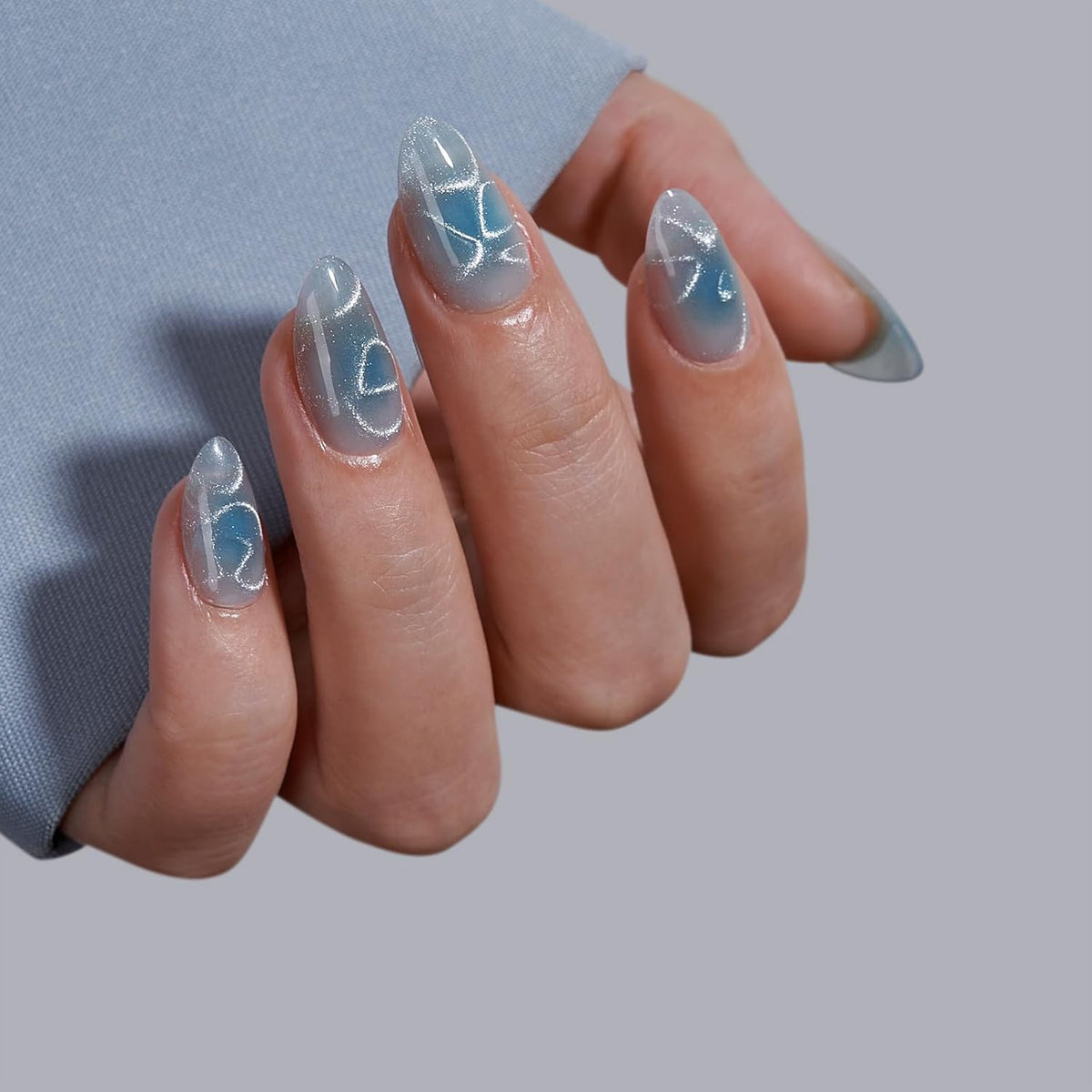 BTArtbox Press On Nails Short - Lamp-Curable Sparkly Blue Almond Press On Nails with Glue for