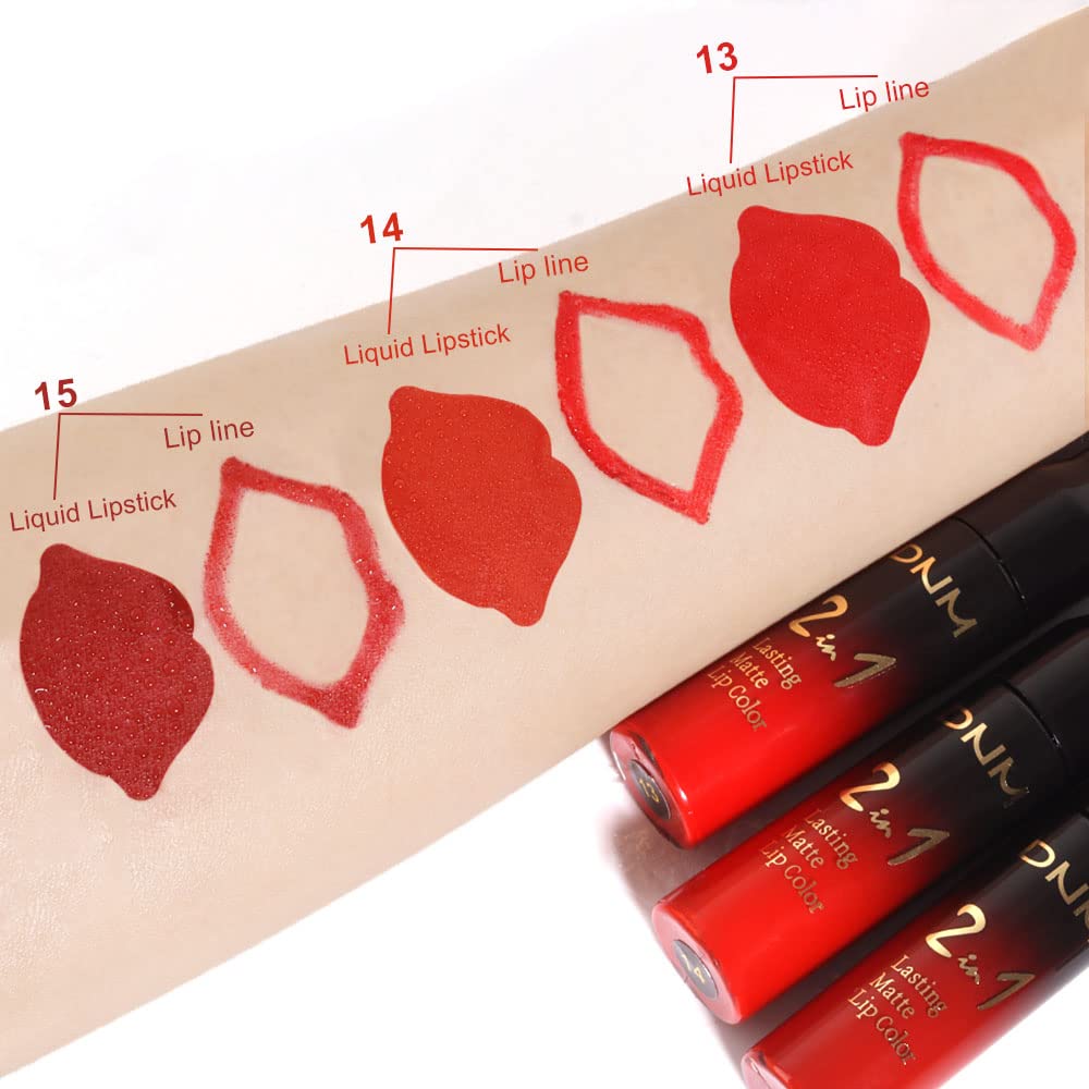 evpct 3Pcs Ruby Bright Dark Red Lip Stain Paint Matte Lip Liner and Liquid Lipstick Set for Women