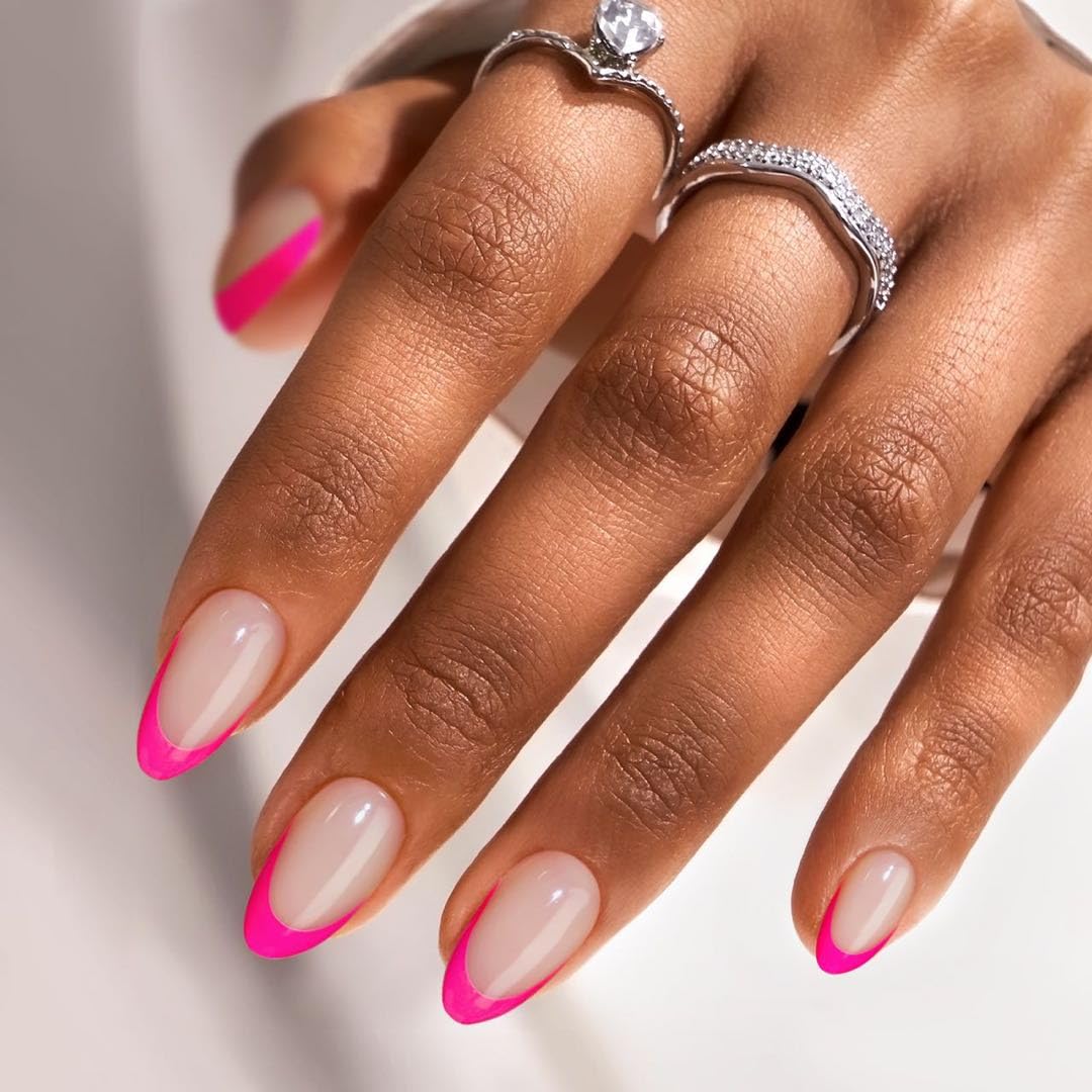 French Tip Press On Nails Almond - BTArtbox Hot Pink Short Stick On Nails for Women, Glue On Nails