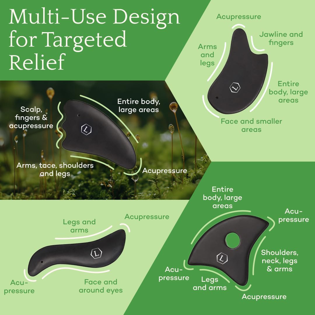 LUONKOS Gua Sha Tools Set - Large Black Bian Stone, 4-Pc - Face & Lymphatic Drainage Massager