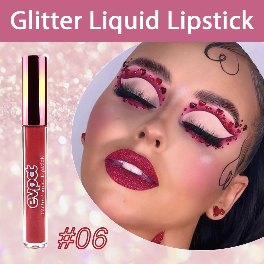 evpct 1Pcs Wine Red Matte to Glitter Liquid Lipstick Lip Set Kit, Long Lasting Matte Diamond