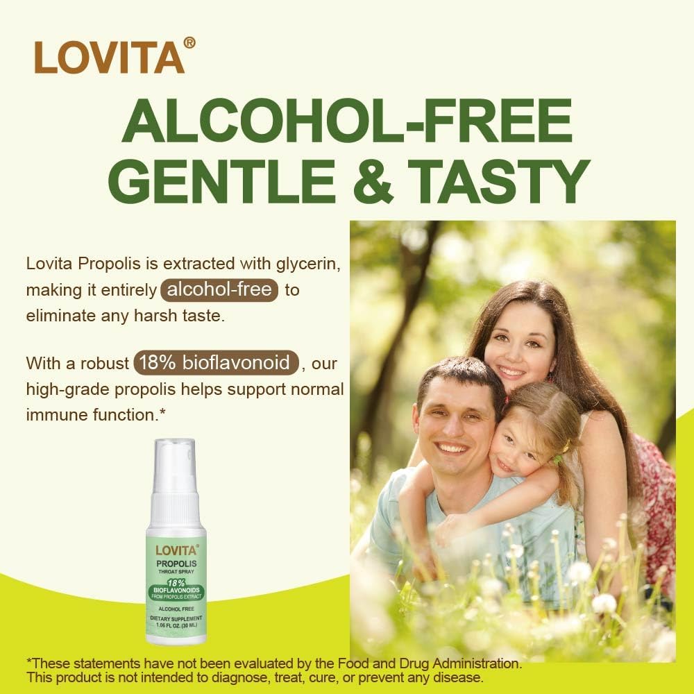 Lovita Bee Propolis Throat Spray, 18% Bioflavonoids, Alcohol-Free, Immune Support, Throat Soothing