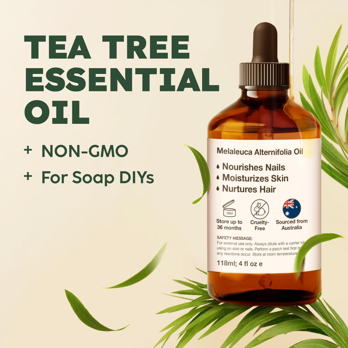 Kukka Essential Oils Tea Tree Oil for Skin, Hair, Nails & Toenails, Aromatherapy - 4 Fl Oz / 118