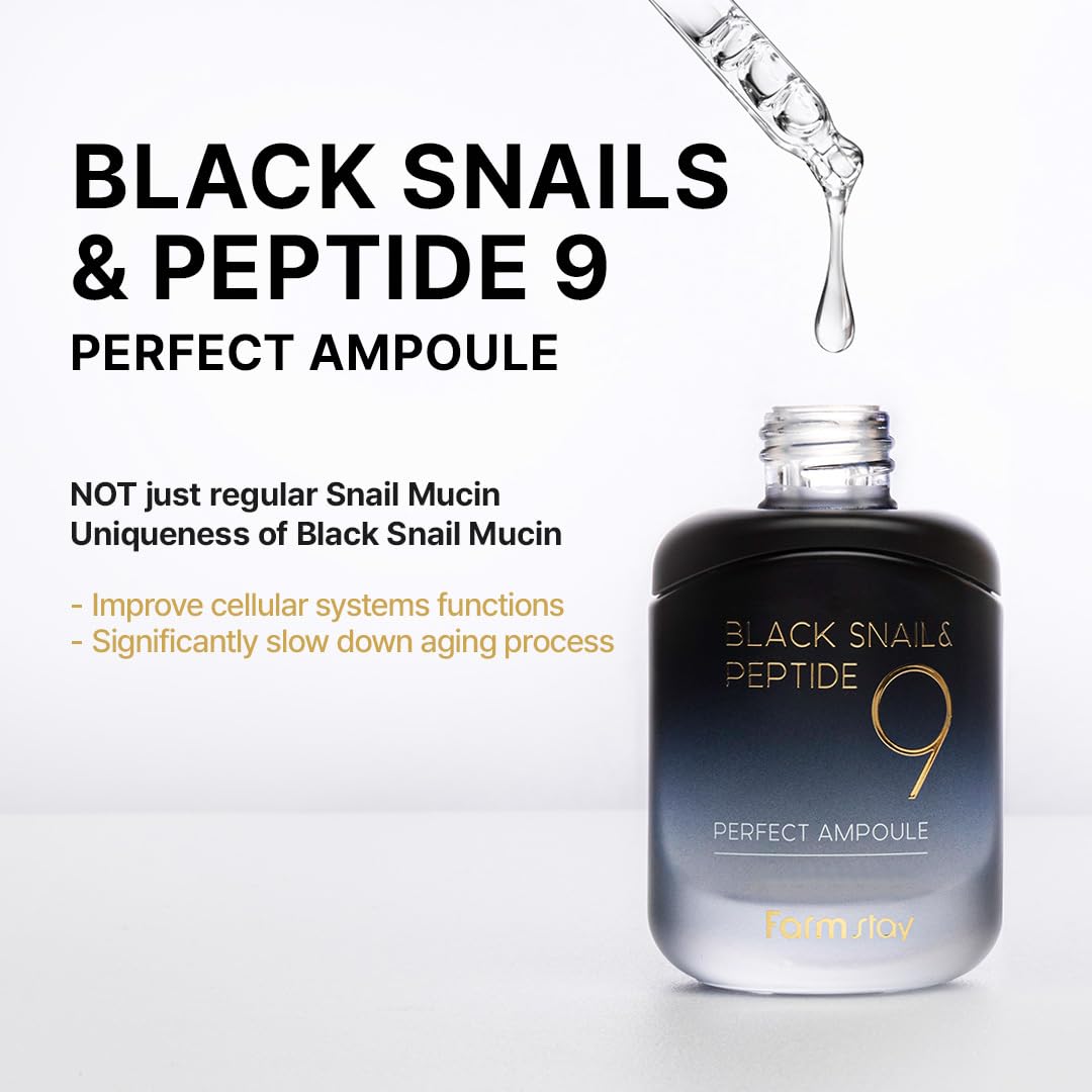 Farmstay Black Snail & Peptide9 Perfect Ampoule, Korean Snail Mucin Serum for Elastic & Glow Skin