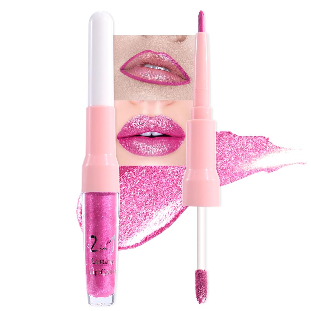 evpct Hot Pink Metallic Glitter Lip Liner and Lipstick Combo Lip Gloss Stain Set Makeup for Women