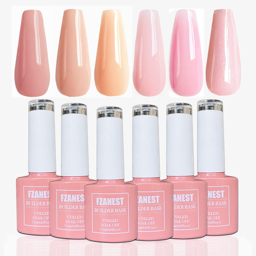 FZANEST Rubber Base Gel Polish, 6pcs*7.5ml Builder Gel Jelly Sheer Natrual Nude Pink in a Bottle UV