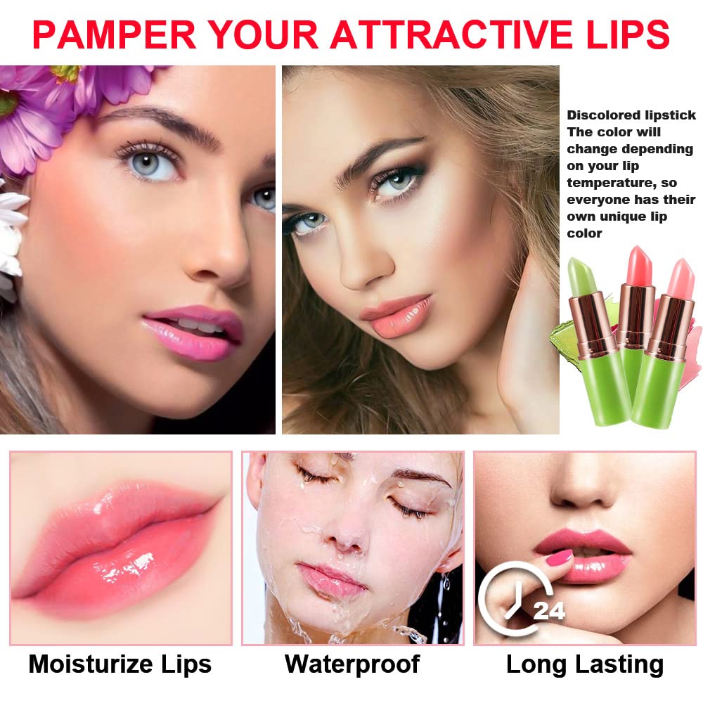 evpct 3Pcs Magic Color Changing Lipstick Long Lasting Waterproof 24 Hours Original for Women, Aloe