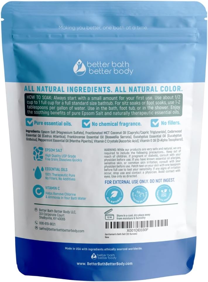 Gentleman's Bath Salt 32 Ounces Epsom Salt with Natural Cedarwood, Frankincense, Eucalyptus and