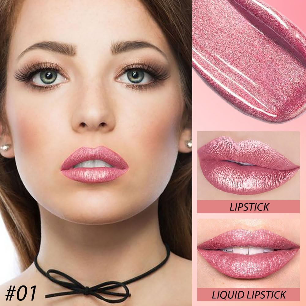 evpct 2 in 1 Light Pink Glitter Metallic Shimmer Diamond Lipstick and Lip Gloss Set for Women Long