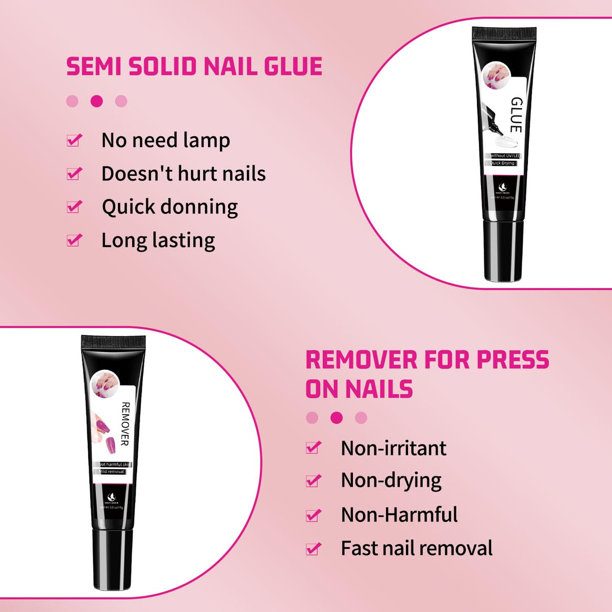 15g Semi Solid Nail Glue with 15g Remover for Press On Nails Tips Gel Nail Glue No Need for UV Lamp