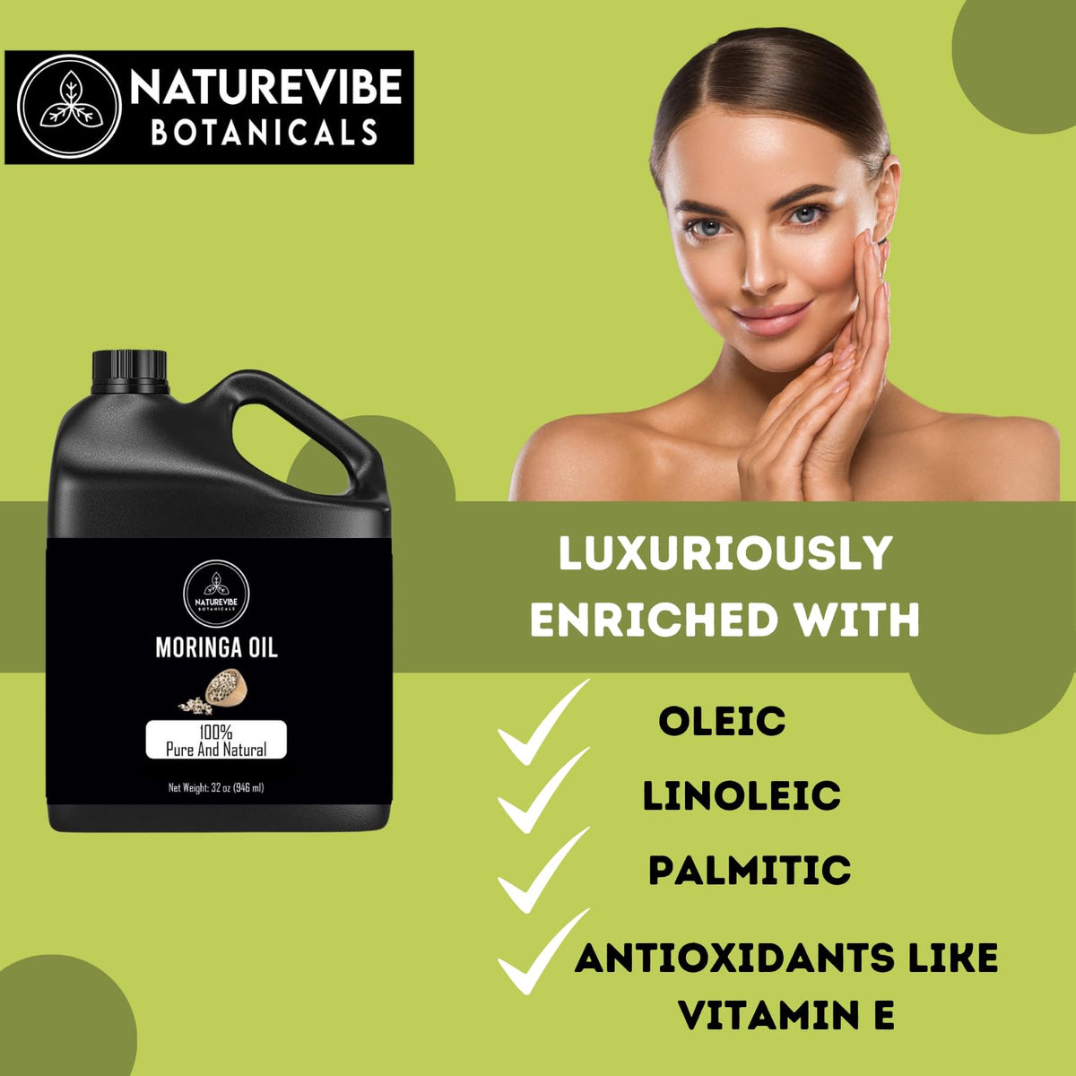 Naturevibe Botanicals Moringa Oil 32 Ounces | 100% Pure and Natural | Great for Skin Care and Hair