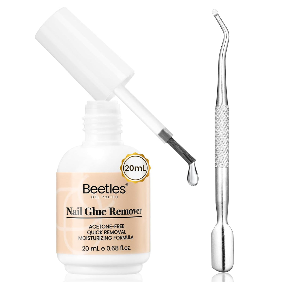 Beetles Nail Glue Remover with Cuticle Pusher, 20ml Press on Nails Glue Remover for False Nail Tips