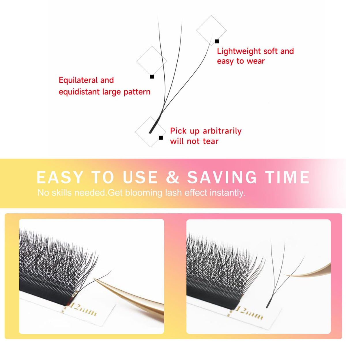 W Lash Extensions Supplies 3D Eyelash Extensions W Shape 0.07mm Thickness D Curl 10mm Premade Fans