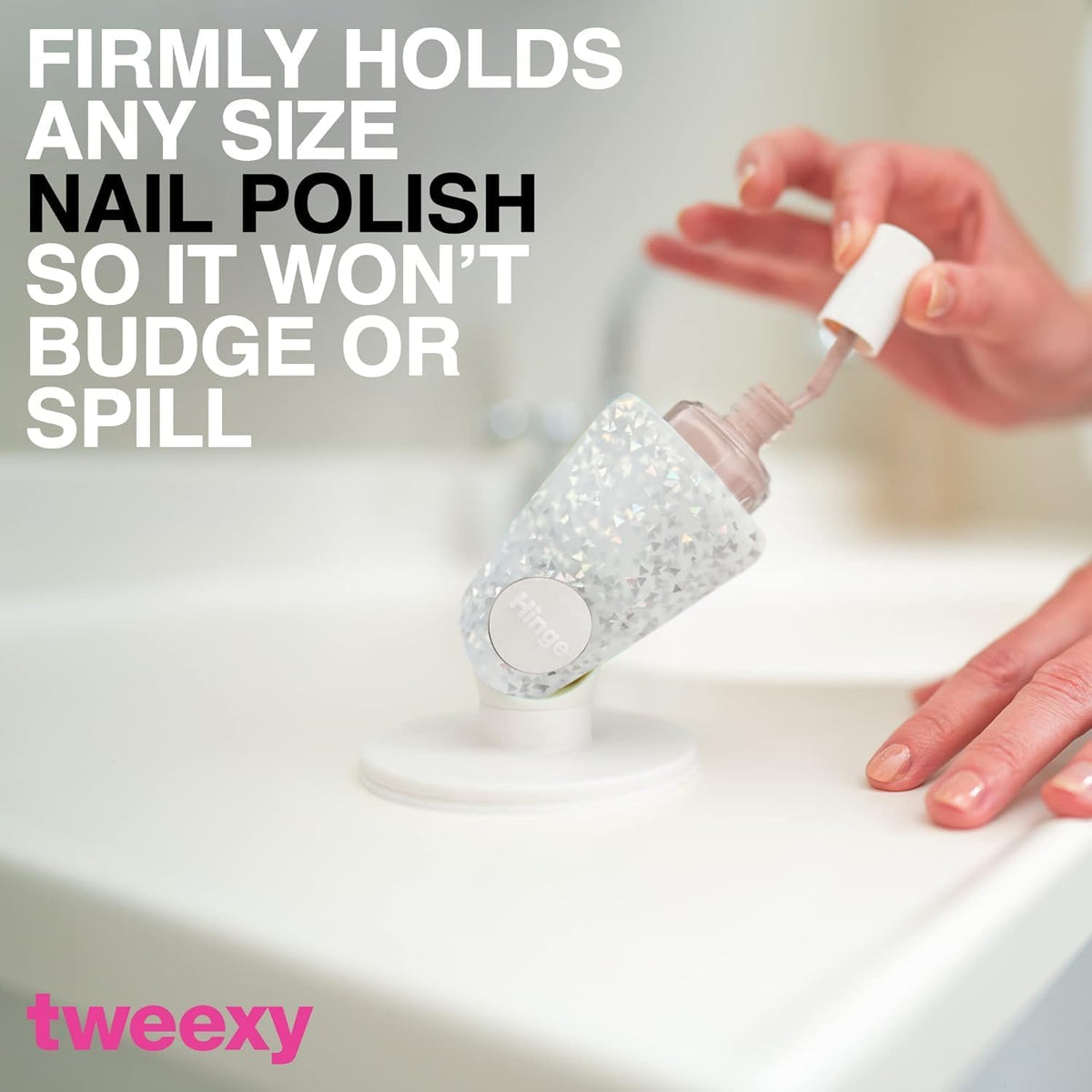 Tweexy Hinge Untippable Anti-Spill Nail Polish Holder | Smartgrip Suction Stand, Tilted for