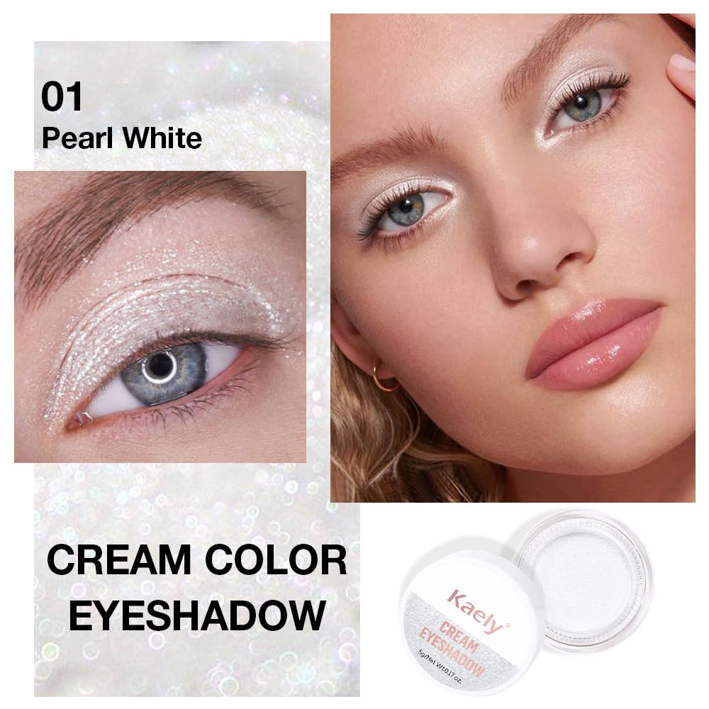 Kaely Single Cream Eyeshadow Pot, Pearl White Sparkle Eye Shadow for Older Women High Pigmented