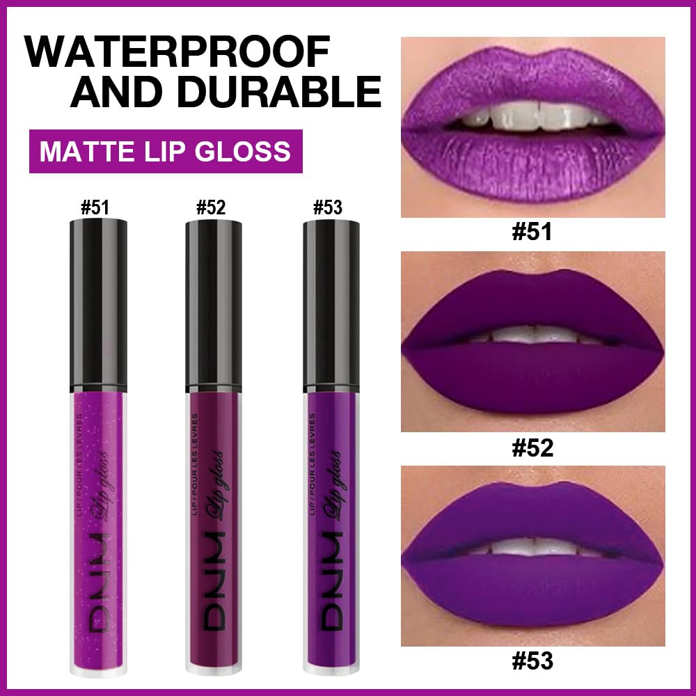 evpct 3Pcs Violet Purple Crystal Metallic Shimmer Glitter Matte Liquid Lipstick Lip Stain Sets for