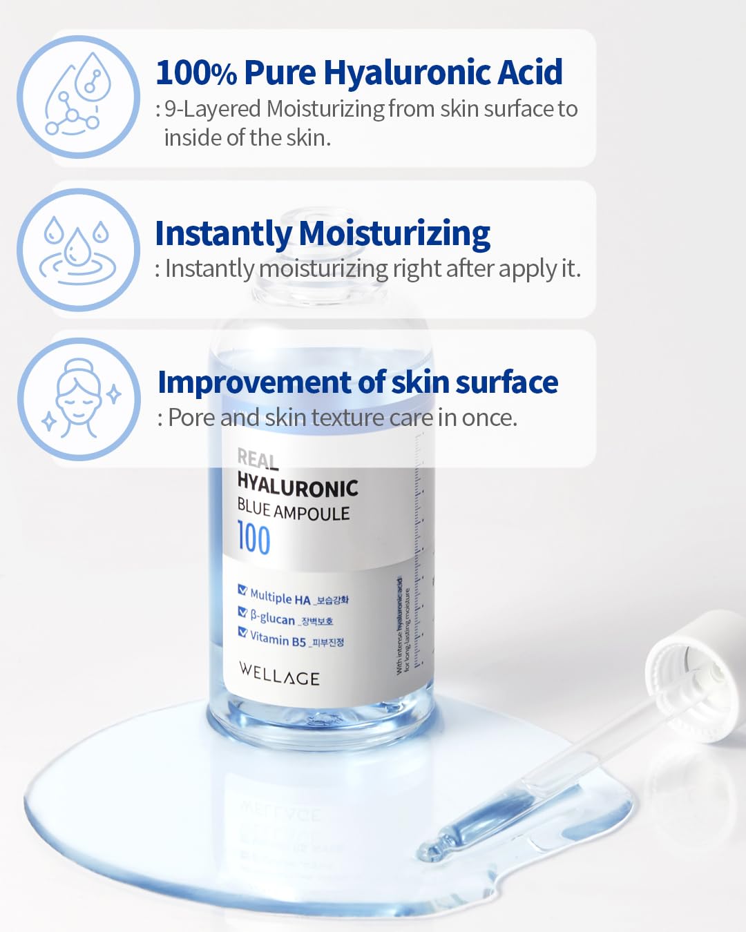 WELLAGE Real Hyaluronic Blue Ampoule 100, Korean Skincare, Fragrance Free Hyaluronic Acid Serum