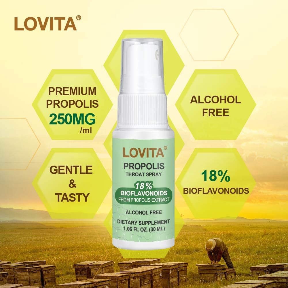 Lovita Bee Propolis Throat Spray, 18% Bioflavonoids, Alcohol-Free, Immune Support, Throat Soothing