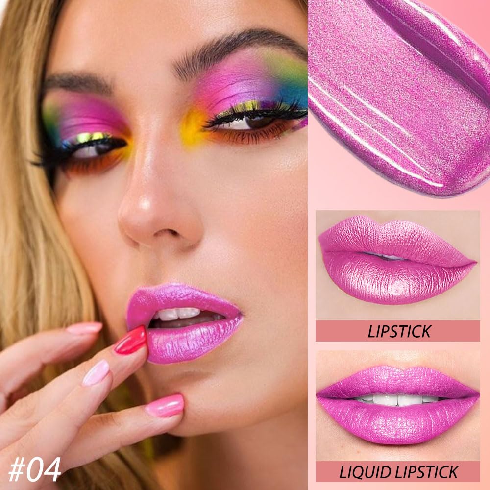 evpct 2 in 1 Hot Pink Glitter Metallic Shimmer Diamond Lipstick and Lip Gloss Set for Women Long