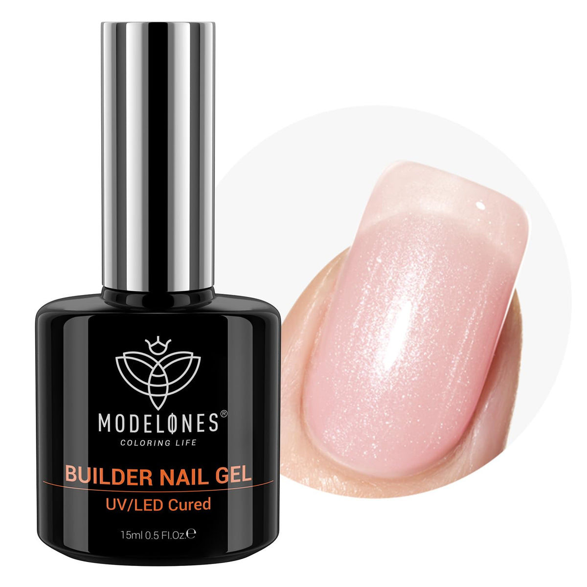 modelones Builder Nail Gel, 8-in-One Pink Shimmer Builder, Sparkle Glitter Pink Rubber Base Gel
