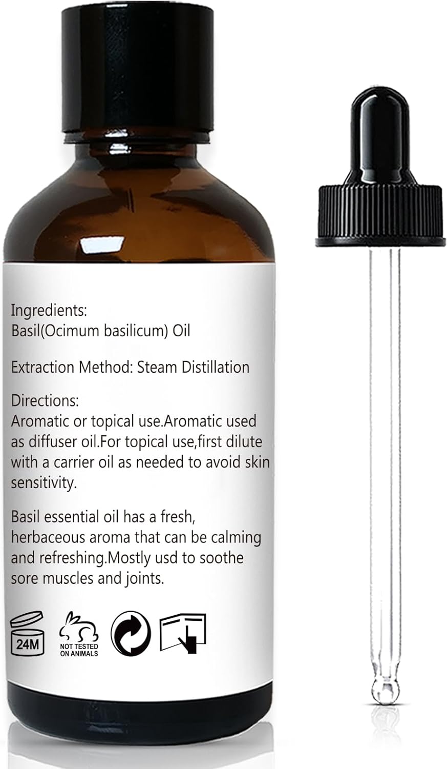 Basil Essential Oil 1 Oz – 100% Pure Natural Basil Oil for Diffuser, Skin, Massage & DIY, Fresh