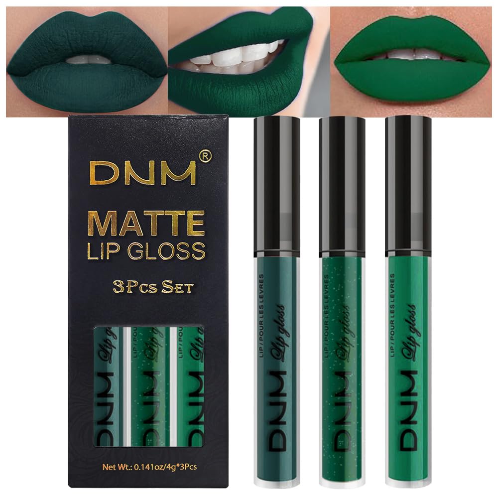 evpct 3Pcs Dark Deep Forest Green Shimmer Matte Liquid Lipstick Lip Stain Sets for Women