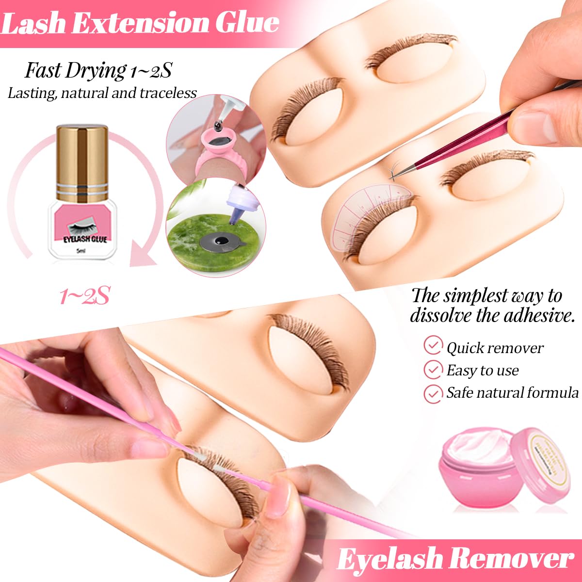 Lash Extension Kit for Beginners Lash Mannequin Head with Replaced Eyelids False Eyelashes Practice