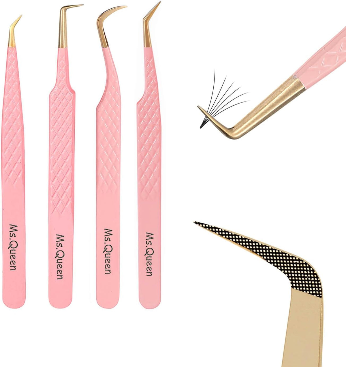 Ms.Queen Lash Tweezers Set,Professional 4Pcs 45 90 Degree Curved and Isolation Lash Tweezers for