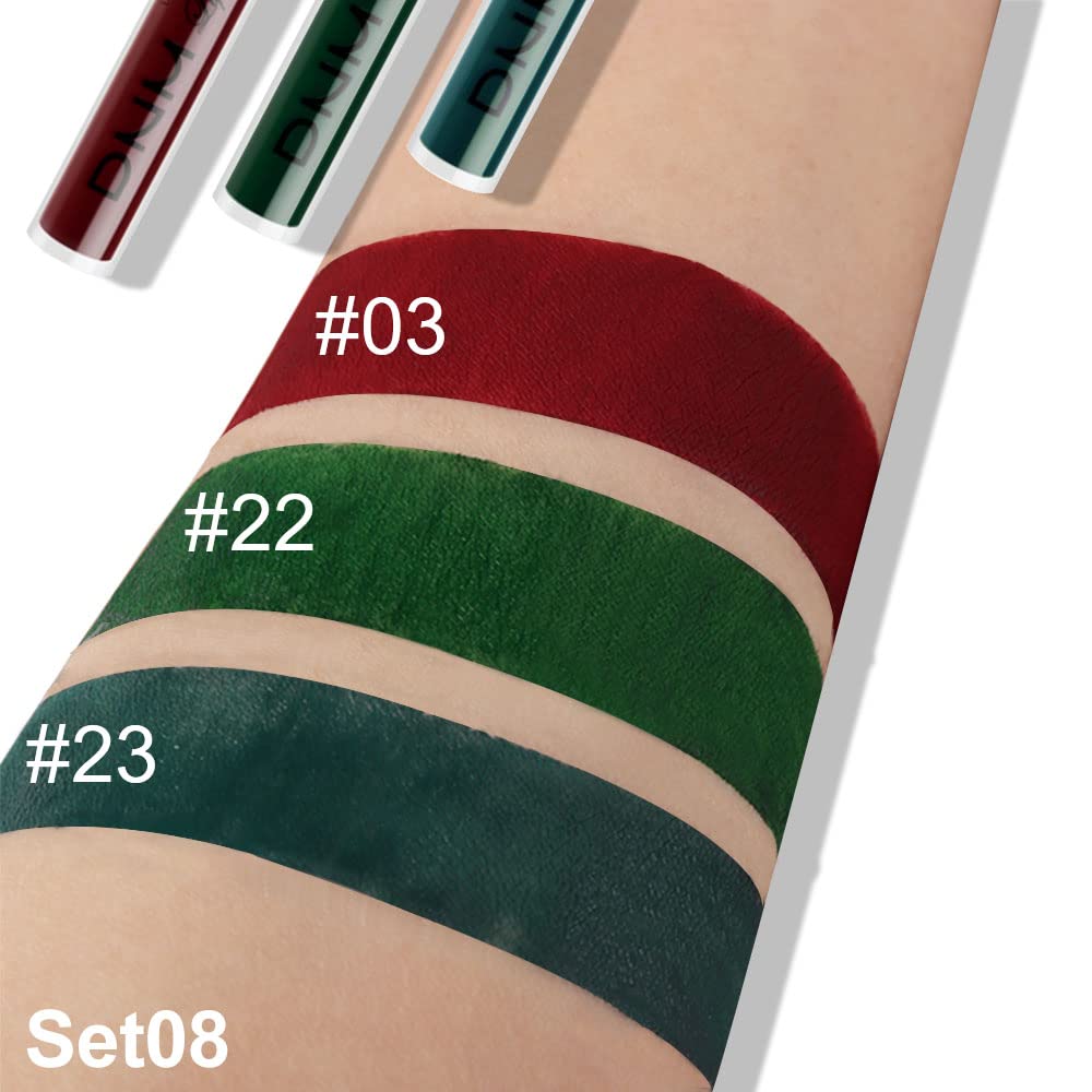 evpct 3Pcs Dark Color Colored Red Emerald Green Matte Liquid Lipstick Make up Set 24 Hour Long
