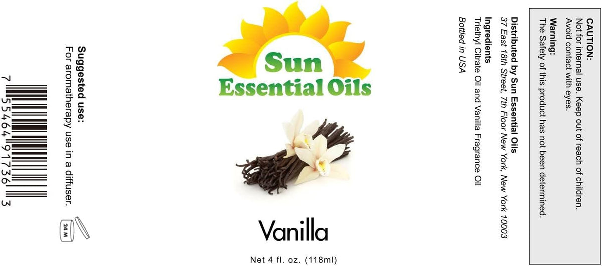 Sun Essential Oils - Vanilla Essential Oil 4 oz with Dropper for Diffuser, Skin, Hair, Humidifier &