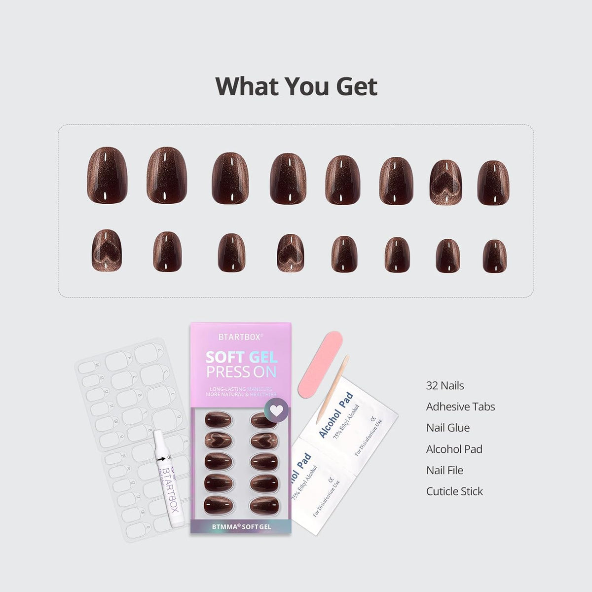 BTArtbox Extra Short Almond Press On Nails - Brown Cat Eye Press On Nails with Glue for Women