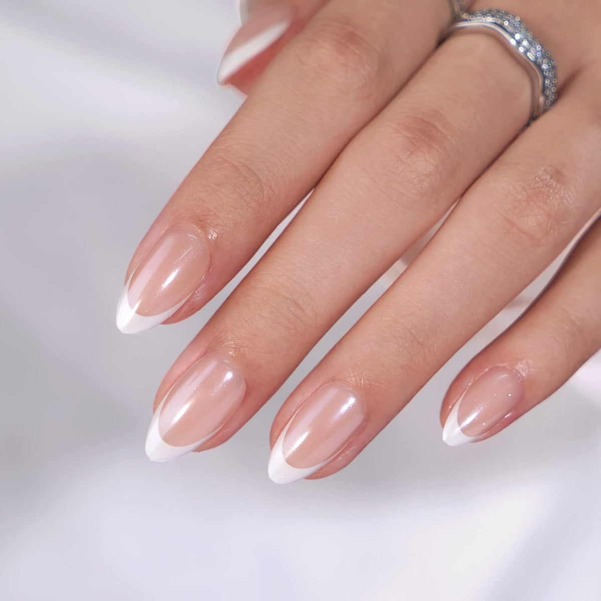 French Tip Press On Nails - BTArtbox White Almond Medium Reusable Stick On Nails in 15 Sizes - 30
